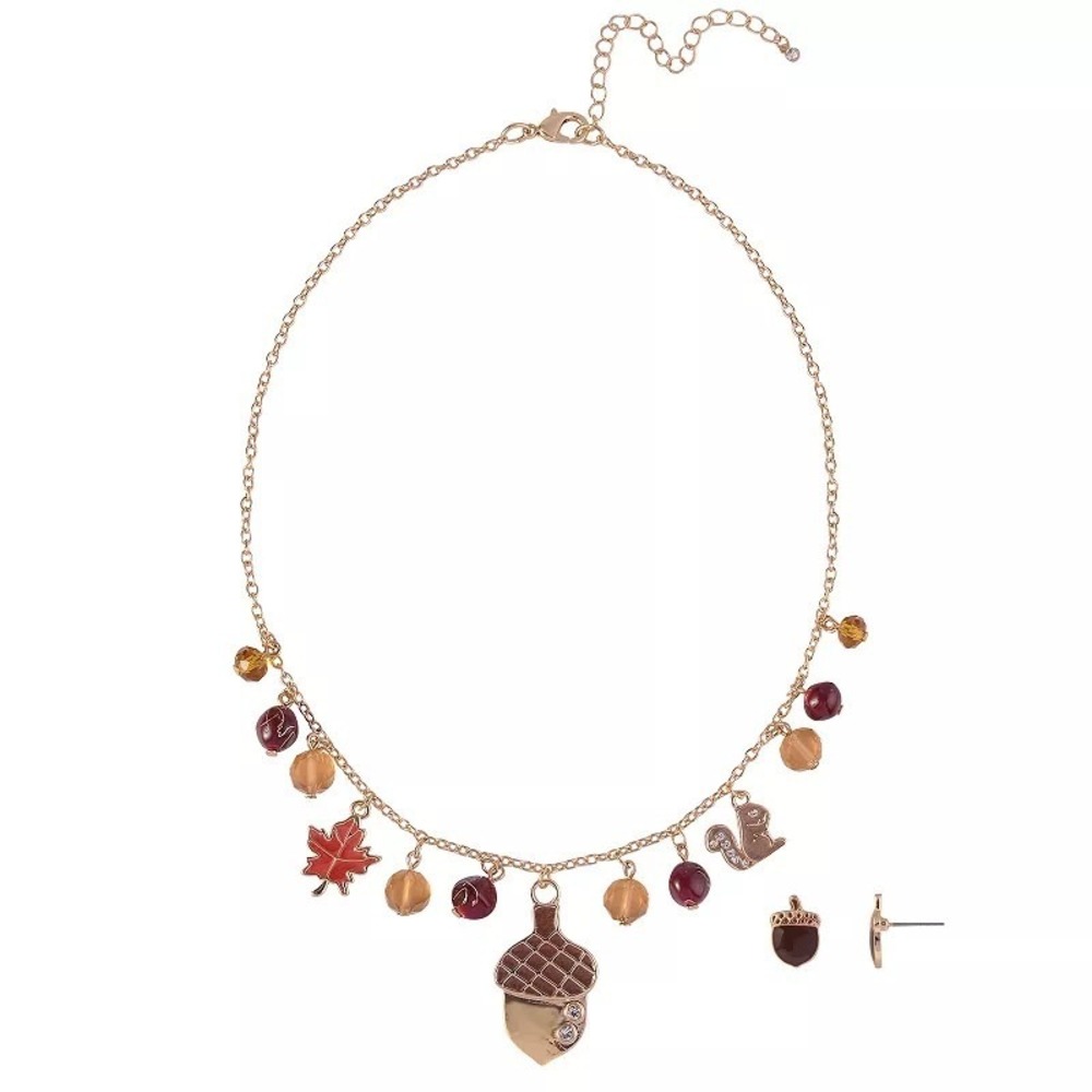 Fall Jewelry Set Acorn Stud Earrings Necklace 2 Pc Gold NWT